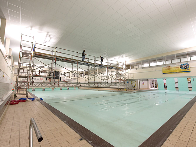 Swimming pool scaffold at Stantonbury Campus in Milton Keynes by Harwood Access and Training Solutions
